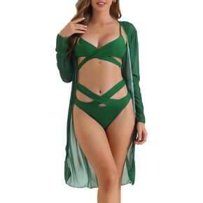 Women's Cut Out Criss Cross Adjustable Spaghetti Straps Bikini Sets, 3 Piece Triangle Bottoms Swimwear Bathing Suits