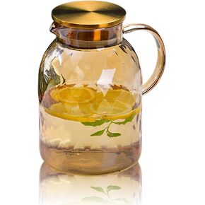 64 oz Amber Glass Pitcher with Lid and Spout Borosilicate Water Pitcher Bedside Water Carafe Vintage Glass Jug for Juice Coffee Iced Tea Hot Cold Beverage Lemonade Fridge 1.8L