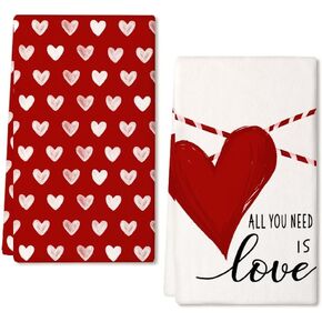 ARKENY Valentines Day Kitchen Towels Set of 2,Red Heart Love Dish Towels 18x26 Inch Drying Dishcloth,Farmhouse Home Decoration AD133