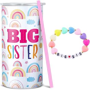 Maxcheck 2 Pcs Big Sister Gift from Sister 12 oz Pink Big Sister Cup Stainless Steel Sister Tumbler with Leak Proof Lid and Straw Baby Sister Mug Bracelet Announcement Jewelry for Little Girl Toddler