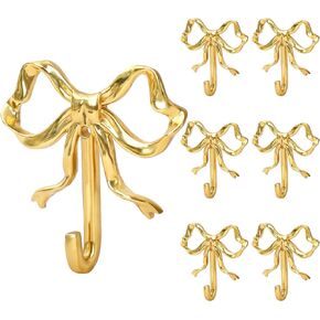 6Pcs Gold Bow Knot Hooks Brass Bow Wall Hooks Muti-Purpose Door Hangers Coat Hook Decorative Hanging Hooks for Christmas Bathroom Bedroom Home Kitchen Decor