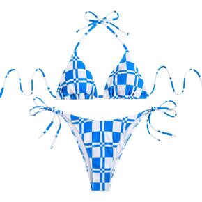 Women's Plaid Printed Bathing Suit Halter High Waist Summer Swimsuit Bikinis Set