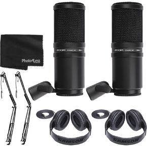 Zoom ZDM-1 Dynamic Microphone x2 + Broadcast/Webcast Boom Arm x2 + Stereo Headphones x2 + Cleaning Cloth - Top Value Bundle