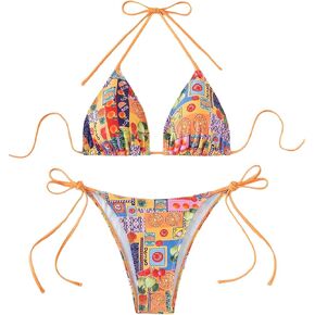 MakeMeChic Women's 2 Piece Bikini Sets Graphic Print Triangle Halter Tie Back Bathing Suit