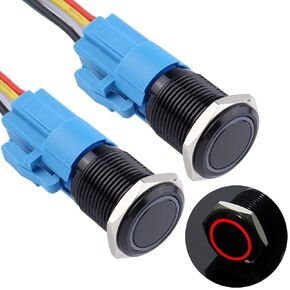 2PCS 16MM Latching Push Button Switch Ring Led 12V-24V Self Locking 1NO 1NC Waterproof ON/Off Black Metal Button with Wire Socket Plug for 5/8’’ Mounting Hole (IP66,Red Light)