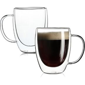 2 Pack Double Walled Glass Coffee Mugs with Handles, Large Insulated Layer Coffee Cups, 12oz Clear Borosilicate Mugs, Perfect for Cappuccino, Tea, Microwave Safe