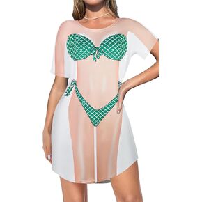 elescat Women's Beach Cover Up Bikini Printed Short Sleeve Tshirt Dress Baggy Cute Coverups