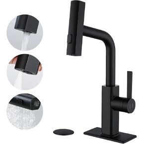 BARROCK Black Bathroom Faucets with Pull Out Sprayer,Single Handle Waterfall Bath Vessel Sink Faucet with Pop Up Drain and Escutcheon for 1 or 3 Hole Vanity,Small Utility RV Bar Tap Matte Black