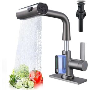 Kitchen Faucet with Pull Down Sprayer, Three Function Waterfall Kitchen Faucet, Temperature Display Bathroom Sink Faucet, 360°Rotatable and Height Adjustable Kitchen Sink Faucet, Gun Grey