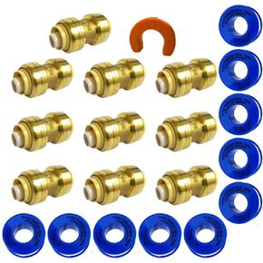 1/2" Push Fit Coupling Connection Fittings - Brass Plumbing Connectors for PEX, Copper, PVC Tubes & Pipes, Quick Connect, Bite Adapter, Slip Reducer, Valve Tool, Water Line Saver, Expansion - 10 Pack