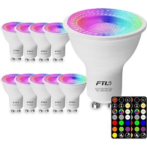 FTL GU10 LED Color Changing Light Bulb with Remote Control, RGB Dimmable Colored Light Bulbs 5W 40W Equivalent, 2700K-6000K, 30 Colors, Timer, Spotlight Bulb for Track Recessed Lighting, 10-Pack