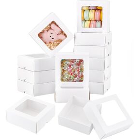 BENECREAT 10Pcs White Kraft Paper Box with Clear Window, 5x5x1.9inch Square Soap Packaging Boxes, Kraft Paper Gift Box for Soap Candy Chocolate Bakery Wedding Party Gifts Packaging