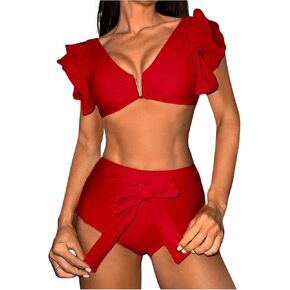 Floerns Women's 2 Piece Bikini Set Ruffle Cap Sleeve Top Tie Front Bathing Suit