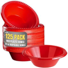 Red Plastic Bowls 12 Oz, Disposable Party Bowls - Red Soup Bowls (125 Pack)