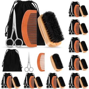Maitys 10 Sets Beard Brush Comb Scissors Set for Men Natural Boar Bristle Brush Dual Action Pear Wood Comb with Wide Tooth Mustache Trimming Scissors with Travel Pouch, Straighten Soften Your Beard