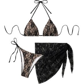 Verdusa Women's 3 Piece Gothic Swimsuits Lace Floral Print Halter Thong Bikini Sets Bathing Suit