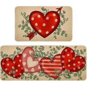 Love Heart Kitchen Mats Set of 2, Seasonal Valentine's Day Anniversary Wedding Holiday Low-Profile Floor Mat Non-Slip Absorbent Home Kitchen Rugs 17x29 and 17x47 Inch DM048