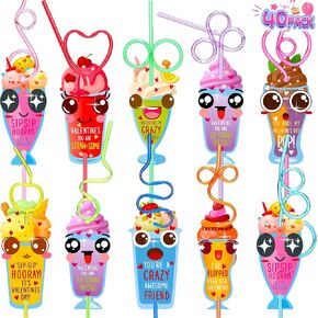 Valentines Day Gifts for Kids, 40 Packs Valentine Day Cards with Reusable Drinking Straws for Classroom Gift Exchange. Valentine's Day School Exchange Gifts and Party Favors for Teens, Boys and Girls