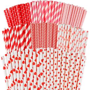 500 Pieces Valentine's Day Paper Straws 8 Styles Disposable Red and Pink Drinking Straws Hearts Stripe Chevron Bicolor Stripe Dot Straw for Valentine's Day Wedding Party Supplies and Party Favors