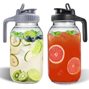 64oz Glass Pitchers with Lid and Spout, 2 Quart Mason Jar Pitchers, Wide Mouth Jar Leak-proof Water Jug for Water, Juice, Milk, Tea, Iced Coffee, and Drinks, 2 Packs.