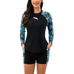 Halcurt Women's Built in Bra Rash Guard Long Sleeve Swimwear UPF 50 Two Piece Swim Shorts and Tops
