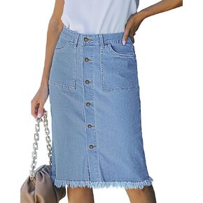 luvamia Women's Casual Mid Rise Button Down Frayed Raw Hem Denim Jean Midi Skirt