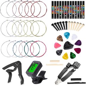 Guitar Accessories Kit Include Acoustic Guitar Strings, Tuner, Capo, 3-in-1 Restring Tool, Pick Holder, Bridge Pins, Nuts & Saddles, Fretboard Stickers