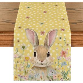 Artoid Mode Bunny Rabbit Floral Polka Dot Yellow Happy Easter Table Runner,Seasonal Spring Kitchen Dining Table Decoration for Home Party Decor 13x72 Inch