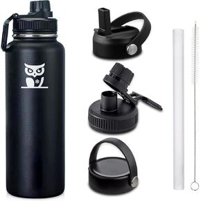 Double Walled Wide Mouth Vacuum Insulated Stainless Steel Skiing, Gym, Sports, Outdoor, Camping, Hiking, and Travel Water Hydration Bottle with Three Leak Proof Lids, 40 Ounce, Black