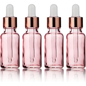 4 Pcs 1 Oz Pink Glass Essential Oil Dropper Bottle,Empty Thick Glass Perfume Diffuser Vials With Leak-proof gasket,Rose-Gold Lid Travel Liquid Aromatherapy Holder-FREE 1 Funnel&1 Transfer