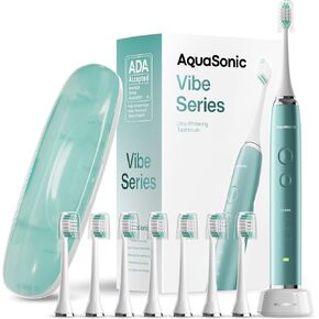 Aquasonic Vibe Series Ultra-Whitening Toothbrush – ADA Accepted Electric Toothbrush - 8 Brush Heads & Travel Case – 40,000 VPM Motor & Wireless Charging - 4 Modes w Smart Timer – Satin Violet