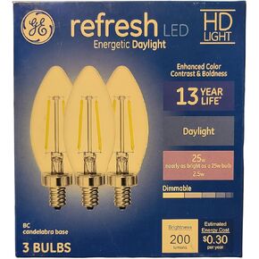 GE Refresh LED 25w Replacement Daylight BC Candelabra Base Dimmable 3 Pack