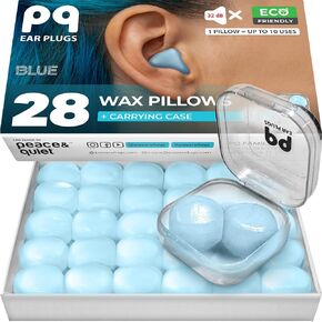 PQ Wax Ear Plugs for Sleeping - 28 Silicone Wax Earplugs for Sleeping and Swimming, Gel Ear Plugs for Noise Cancelling, Sleeping Earplugs, Sound Blocking Level of 32 Db (28 Pillows), Color: Blue