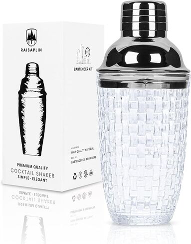 Glass Cocktail Shaker, Raisaplin 13oz Crystal Martini Shaker Margarita Mixer Drink Shakers Built-in Strainer Kit Bartender Tools for Whiskey Coffee Beverages Alcohol Home Bar Gifts Decoration - Silver in Saudi Arabia