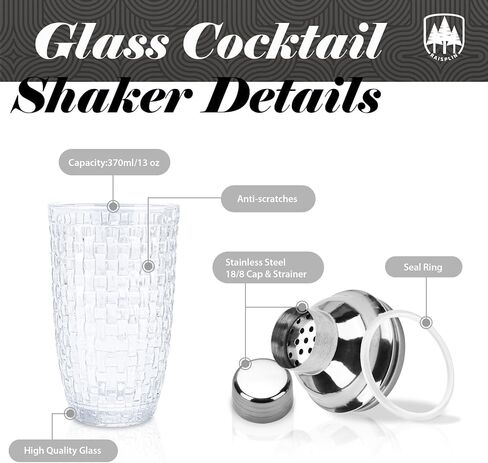 Glass Cocktail Shaker, Raisaplin 13oz Crystal Martini Shaker Margarita Mixer Drink Shakers Built-in Strainer Kit Bartender Tools for Whiskey Coffee Beverages Alcohol Home Bar Gifts Decoration - Silver in Saudi Arabia