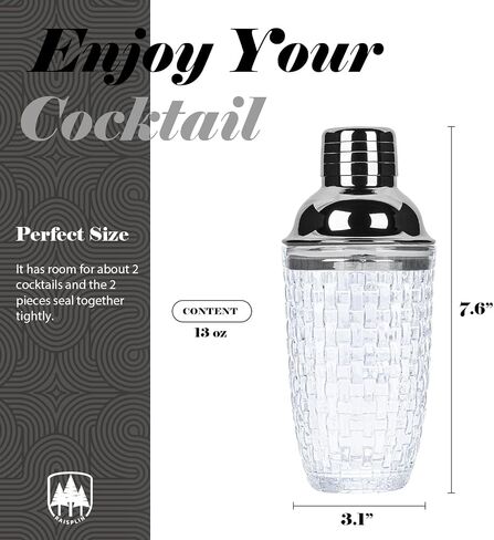 Glass Cocktail Shaker, Raisaplin 13oz Crystal Martini Shaker Margarita Mixer Drink Shakers Built-in Strainer Kit Bartender Tools for Whiskey Coffee Beverages Alcohol Home Bar Gifts Decoration - Silver in Saudi Arabia
