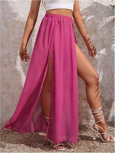 تنورة طويلة للسيدات من OYOANGLE مصنوعة من قماش شبكي شفاف عالي الخصر ومقسمة للشاطئ in Kuwait