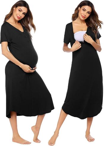 Ekouaer Nursing Nightgown Long Delivery Gown Button Up Breastfeeding Maternity Pregnancy Pajamas Dress Navy Flower XL in Saudi Arabia
