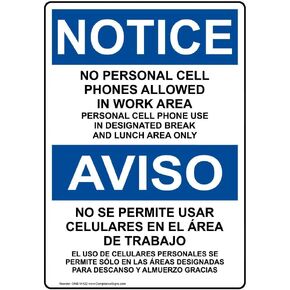ComplianceSigns.com NOTICE Cell Phone Designated Area Only Bilingual OSHA Safety Sign, 10x7 in. Plastic for Cell Phones