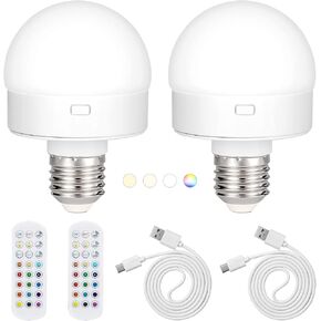 2 Pack Rechargeable Battery Operated Light Bulb with Remote Control，Cordless Dimmable LED Bulb with 3 Timer Settings, 15 Colors Selectable, Wireless Puck Light Bulb for Wall Sconce SLBL01A2
