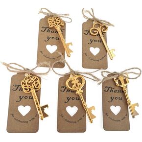 ALIMITOPIA 50pcs Skeleton Key Bottle Opener Bridal Shower Wedding Party Favor Souvenir Gift with Escort Tag and Jute Rope(Gold Tone)