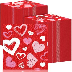 ReliThick 200 Pcs Valentine's Day Paper Napkins 13 x 13'' Red Heart Disposable Napkins Cocktail Engagement Napkins Dinner Lunch Red Heart Napkins for Valentine Wedding Anniversary Party Supplies