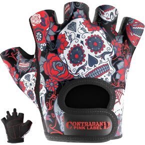 5237 Womens Designer Workout Gloves | Sugar Skull Print w/Grip-Lock™ Padding (Red, Large)