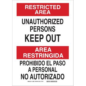 Brady 38616 Plastic, 14" X 10" Restricted Area/Area Restringida Sign Legend, "Unauthorized Persons Keep Out/Personal No Autorizado Mantengase Afuera"