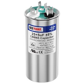25+5uF ±5% 25/5 MFD 370/440/450V AC 50/60Hz CBB65 Capacitor Dual Run Start Round Capacitor for AC Motor/AC Unit Fan Motor Start/Pool Pump/Heat Pump Air Conditioner