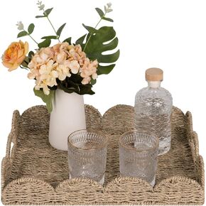 StorageWorks Scalloped Tray, Wicker Rattan Serving Tray with Handles, Woven Rectangle Seagrass Tray, Scalloped Basket Table Décor Trays, Rattan Basket Tray for Ottoman Decorative and Organizer Trays