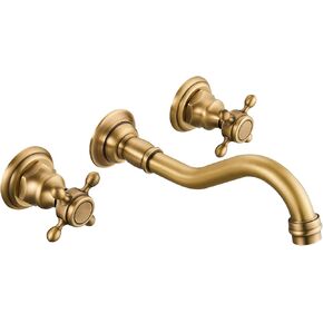 Airuida Wall Mount Bathroom Faucet Widespread Wall Mounted Bathroom Sink Faucet 360 Swivel Spout 2 Cross Knobs 3 Holes Lavatory Basin Sink Mixing Faucet with Brass Rough in Valve Antique Brass