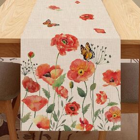 Seliem Spring Red Poppy Flower Table Runner, Watercolor Patriotic Floral Butterfly Home Kitchen Botanical Decor, Memorial Day Summer Seasonal Farmhouse Dining Anniversary Decorations 13 x 72
