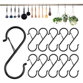 Quacc 10 PCS S Hooks for Hanging Heavy Duty Metal S Hooks with Safety Buckle Design S Shaped Hooks for Hanging Kitchen Utensils, Pots and Pans, Plants, Lights, Clothes, Bags (Black)