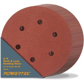 POWERTEC 45204-P2, 40 Grit, 6 Inch 6 Hole Hook and Loop Sanding Discs, Sandpaper for Random Orbital Sander, Air Sander, Pneumatic Sander, Dual Action Sander, 50PK